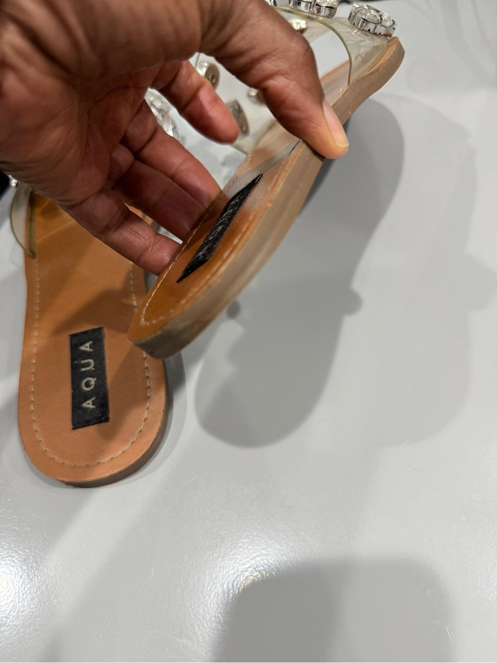 Aqua Clear Gem-Embellished Slide Sandals - Tan Footbed size 10 - Picture 12 of 12